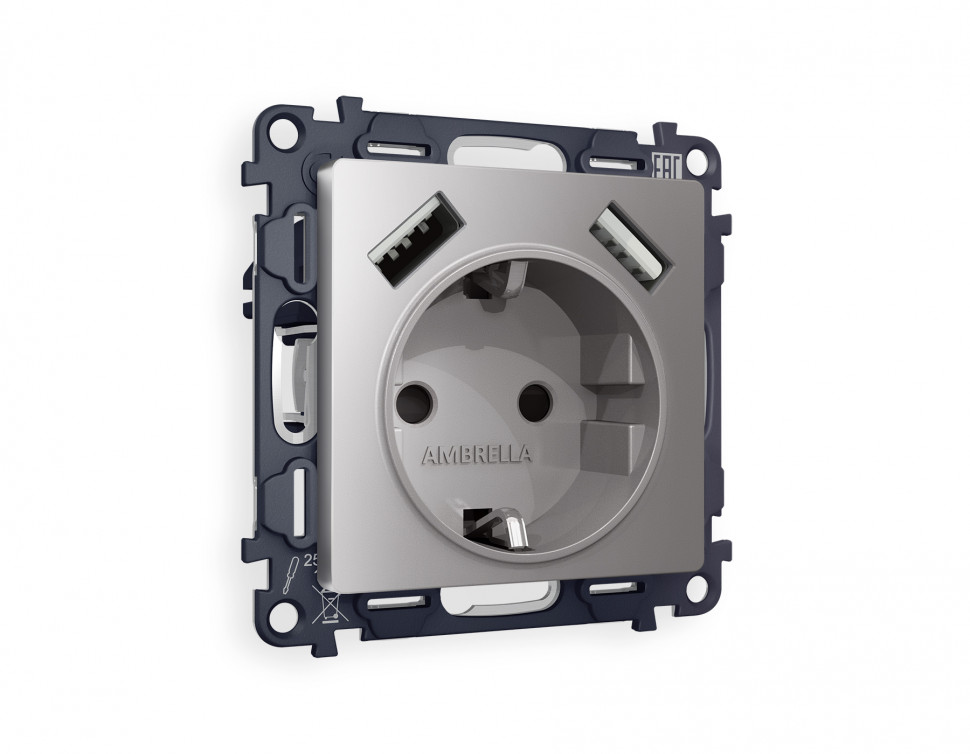 Комплект механизма электрической розетки ALFA MA509010 Сталь матовый 2USB A+A 18W быстрая зарядка с заземлением и шторками 2P+E 16A-250V QUANT