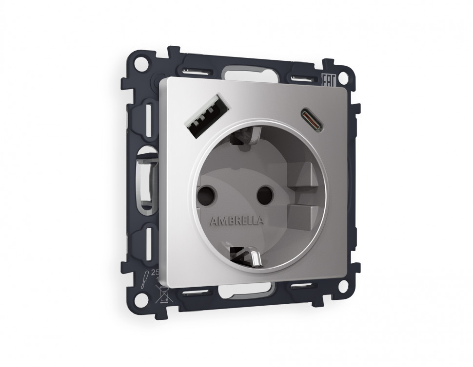 Комплект механизма электрической розетки ALFA MA510010 Сталь матовый 2USB A+C 20W быстрая зарядка с заземлением и шторками 2P+E 16A-250V QUANT