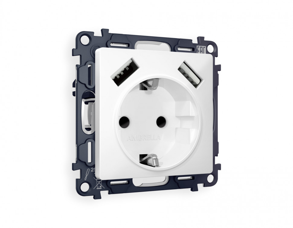 Комплект механизма электрической розетки ALFA MA129010 Белый матовый 2USB A+A 18W быстрая зарядка с заземлением со шторками 2P+E 16A-250V QUANT