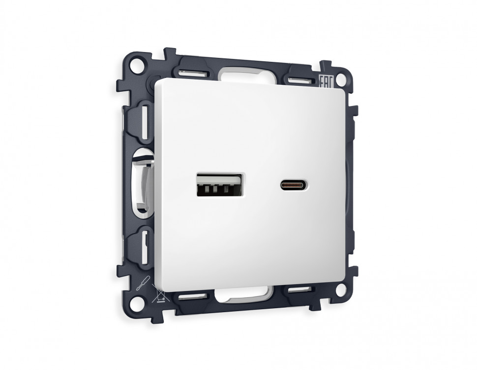 Комплект механизма розетки ALFA MA131010 Белый матовый 2USB A+C 20W быстрая зарядка QUANT