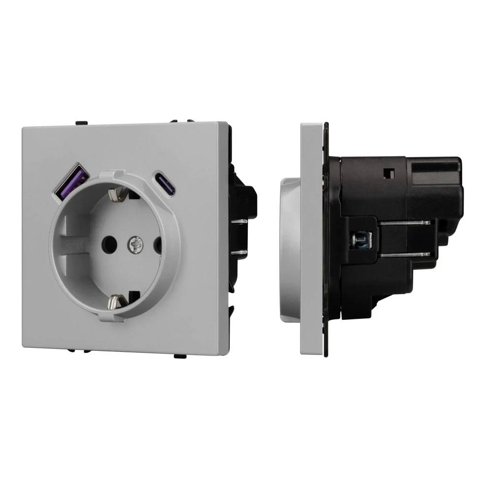 Розетка Schuko 250V 16A с USB-портом для зарядки Type A + Type C, с защитными шторками, 3,1А, 20W, IP-20, NEO PLUS контакты винтовые Розетка Schuko 250V 16A с USB-портом для зарядки Type A + Type C, с защитными шторками, 3,1А, 20W, IP-20, NEO PLUS контакты винтовые