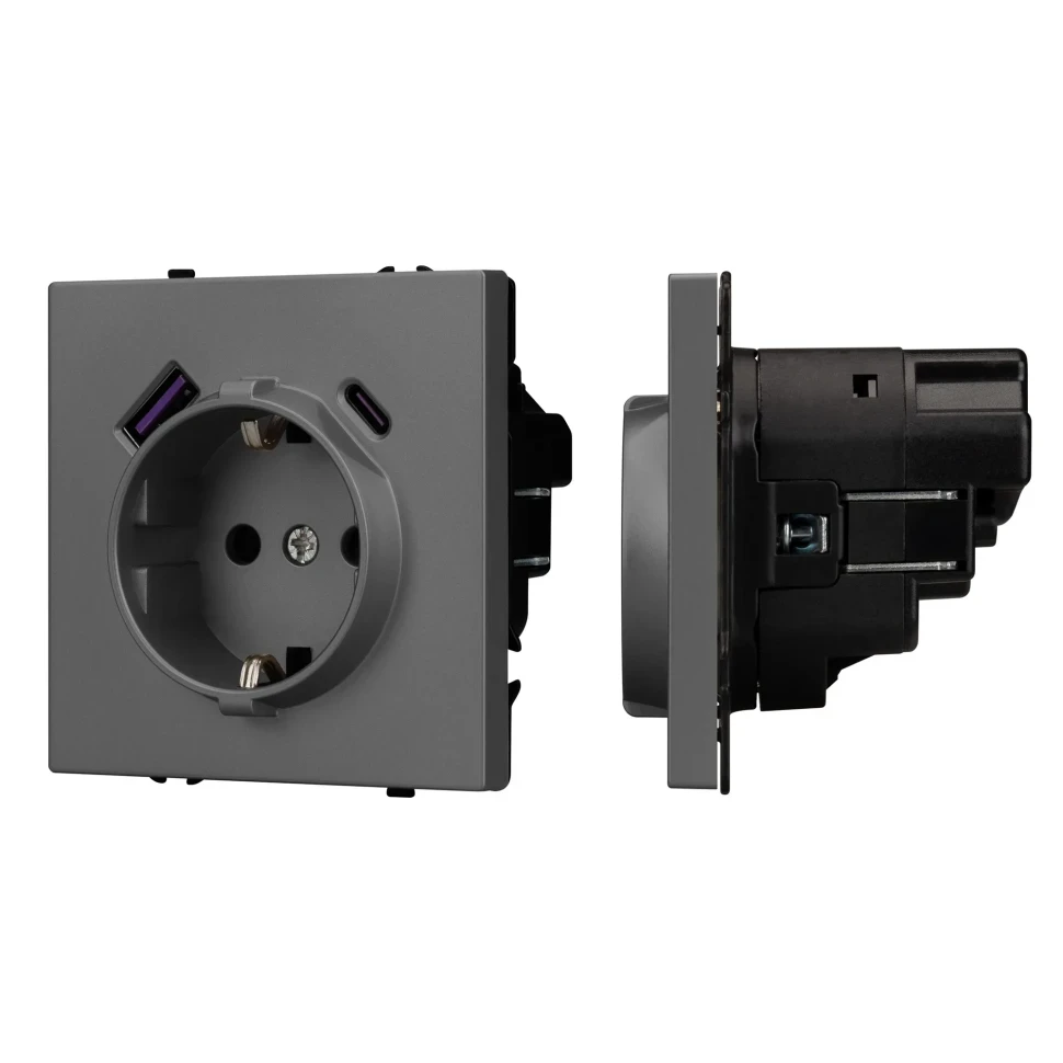Розетка Schuko 250V 16A с USB-портом для зарядки Type A + Type C, с защитными шторками, 3,1А, 20W, IP-20, NEO PLUS контакты винтовые Розетка Schuko 250V 16A с USB-портом для зарядки Type A + Type C, с защитными шторками, 3,1А, 20W, IP-20, NEO PLUS контакты винтовые