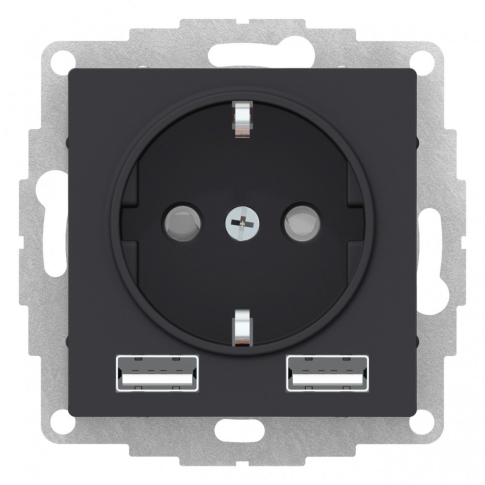 Розетка силовая + USB type - A+A, 5В/2,4А, 2х5В/1,2А Systeme Electric Atlas Design карбон ATN001030