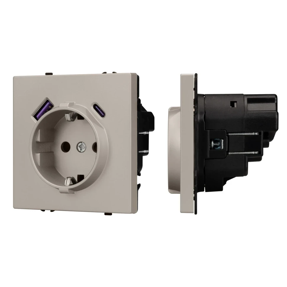 Розетка Schuko 250V 16A с USB-портом для зарядки Type A + Type C, с защитными шторками, 3,1А, 20W, NEO PLUS  контакты винтовые