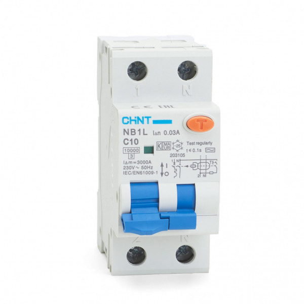 Дифференциальный автомат АВДT CHINT NB1L 1P+N 10kA х-ка С 10А тип АС 30mA (R) 203105