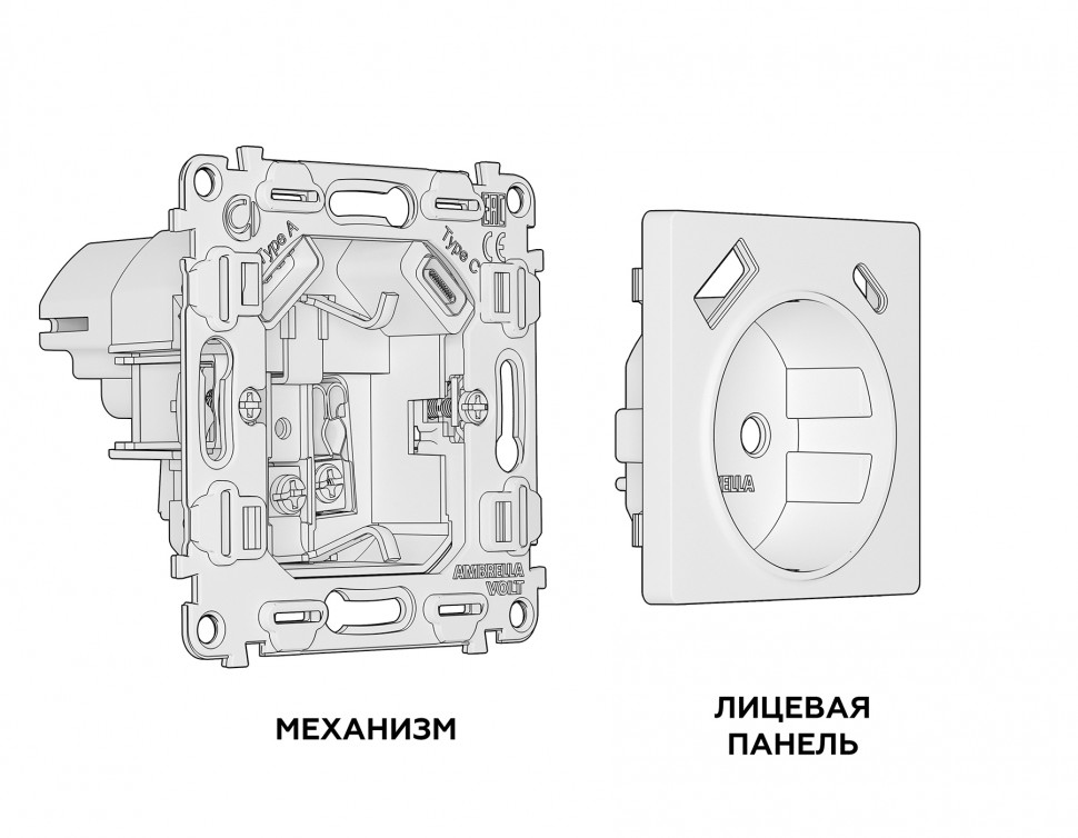 Комплект механизма электрической розетки ALFA MA610010 Шампань 2USB A+C 20W быстрая зарядка с заземлением и шторками 2P+E 16A-250V QUANT