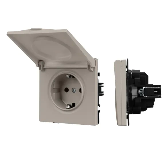 Розетка с заземлением Schuko с крышкой с защитными шторками, 250В, 16А, IP-44, NEO PLUS  (кашемир)
