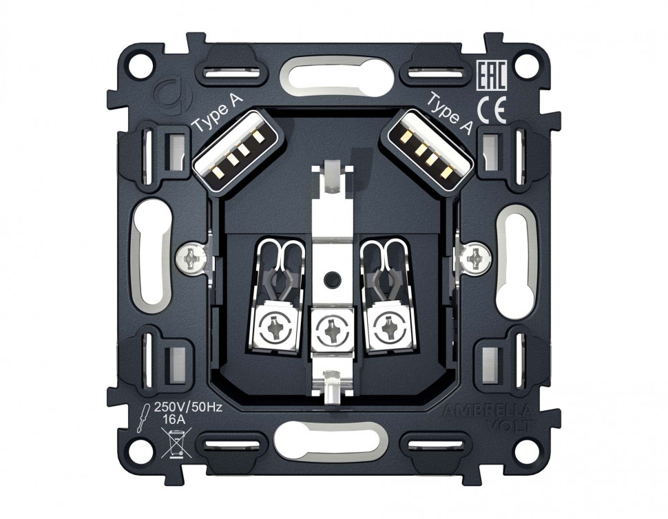 Механизм электрической розетки 2USB A+A 18W быстрая зарядка с заземлением на винтовых зажимах 16A 250V QUANT VM155