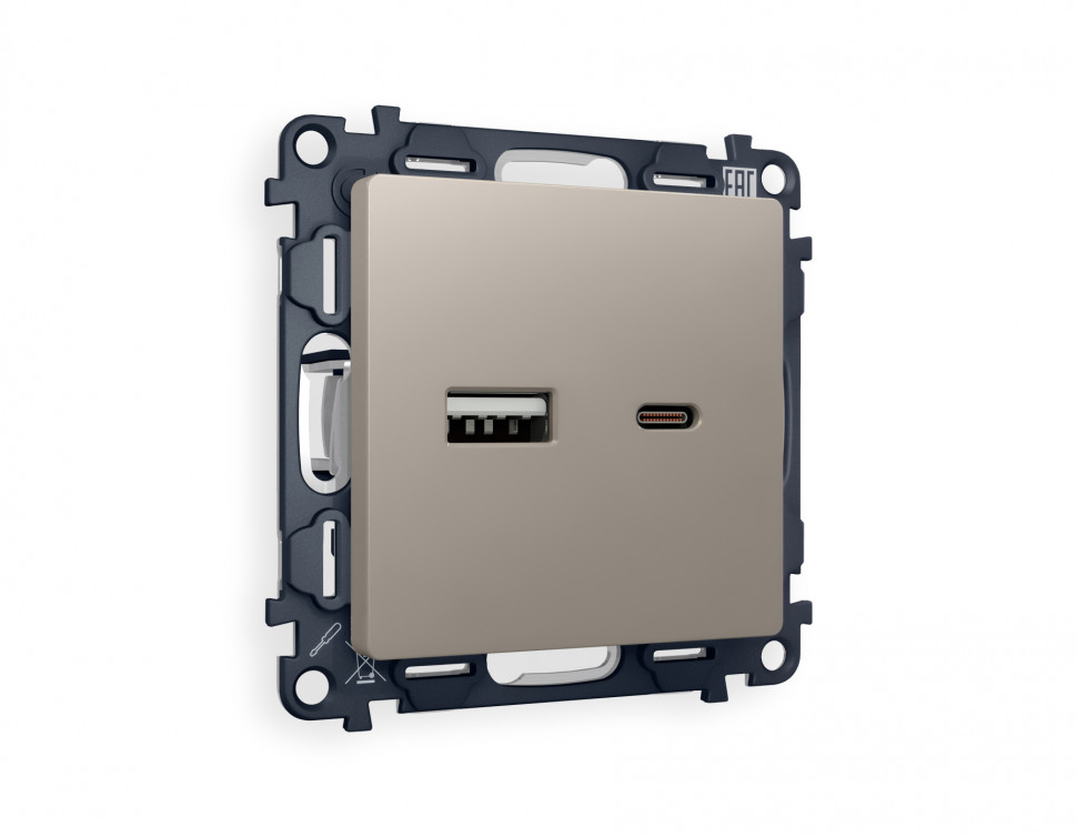 Комплект механизма розетки ALFA MA371010 Серо-бежевый матовый 2USB A+C 20W быстрая зарядка QUANT