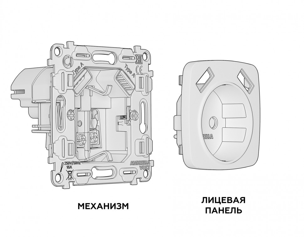 Комплект механизма электрической розетки OMEGA MO209010 Жемчуг 2USB A+A 18W быстрая зарядка с заземлением и шторками 2P+E 16A-250V QUANT