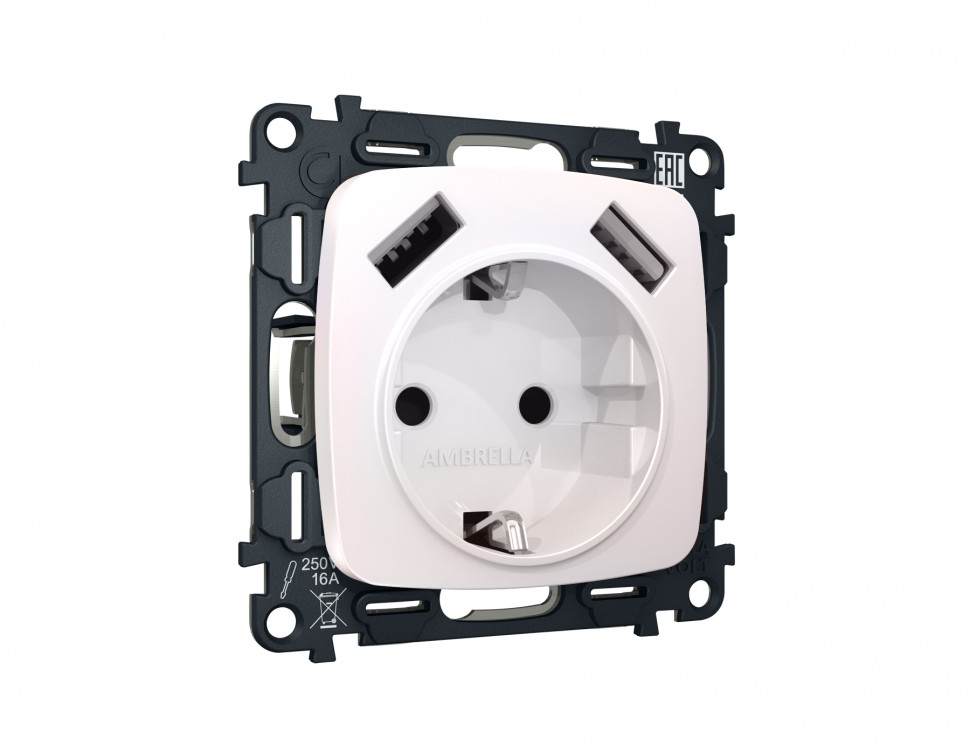 Комплект механизма электрической розетки OMEGA MO209010 Жемчуг 2USB A+A 18W быстрая зарядка с заземлением и шторками 2P+E 16A-250V QUANT
