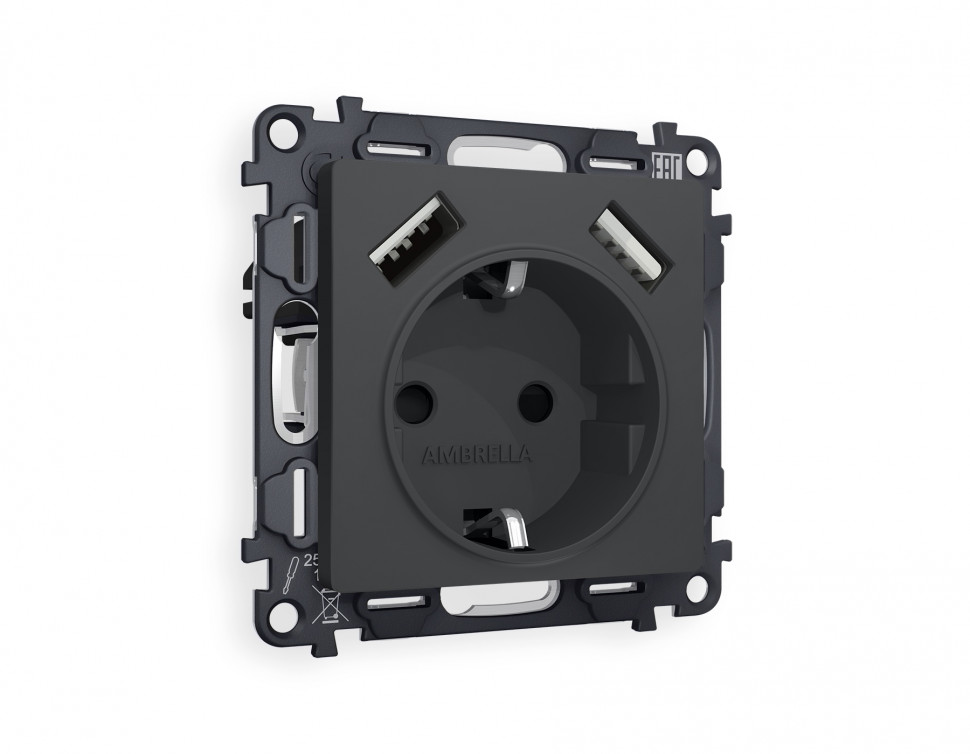 Комплект механизма электрической розетки ALFA MA909010 Графит мягкое касание 2USB A+A 18W быстрая зарядка с заземлением и шторками 2P+E 16A-250V QUANT