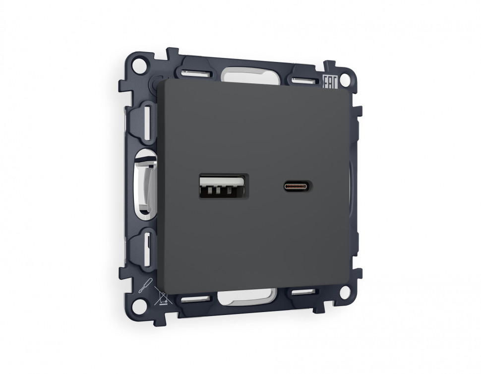 Комплект механизма розетки ALFA MA911010 Графит мягкое касание 2USB A+C 20W быстрая зарядка QUANT