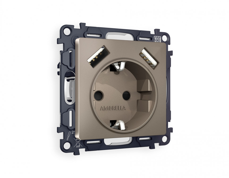 Комплект механизма электрической розетки ALFA MA639010 Темная бронза матовый 2USB A+A 18W быстрая зарядка с заземлением и шторками 2P+E 16A-250V QUANT