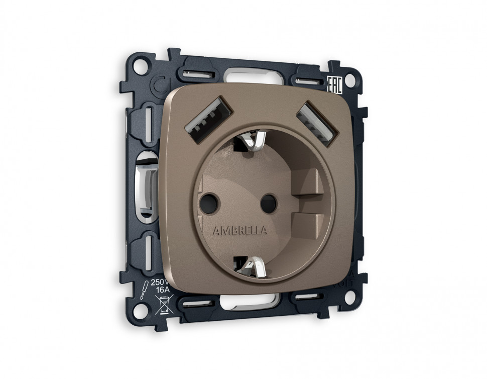Комплект механизма электрической розетки OMEGA MO639010 Темная бронза матовый 2USB A+A 18W быстрая зарядка с заземлением и шторками 2P+E 16A-250 QUANT
