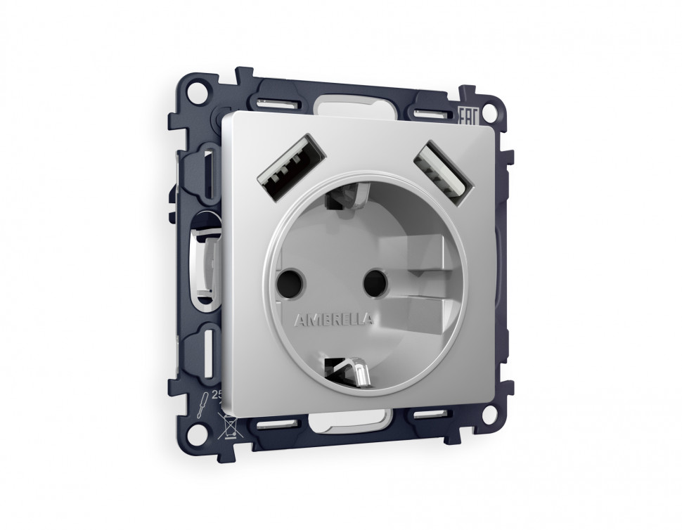 Комплект механизма электрической розетки ALFA MA409010 Серебро глянец 2USB A+A 18W быстрая зарядка с заземлением и шторками 2P+E 16A-250V QUANT