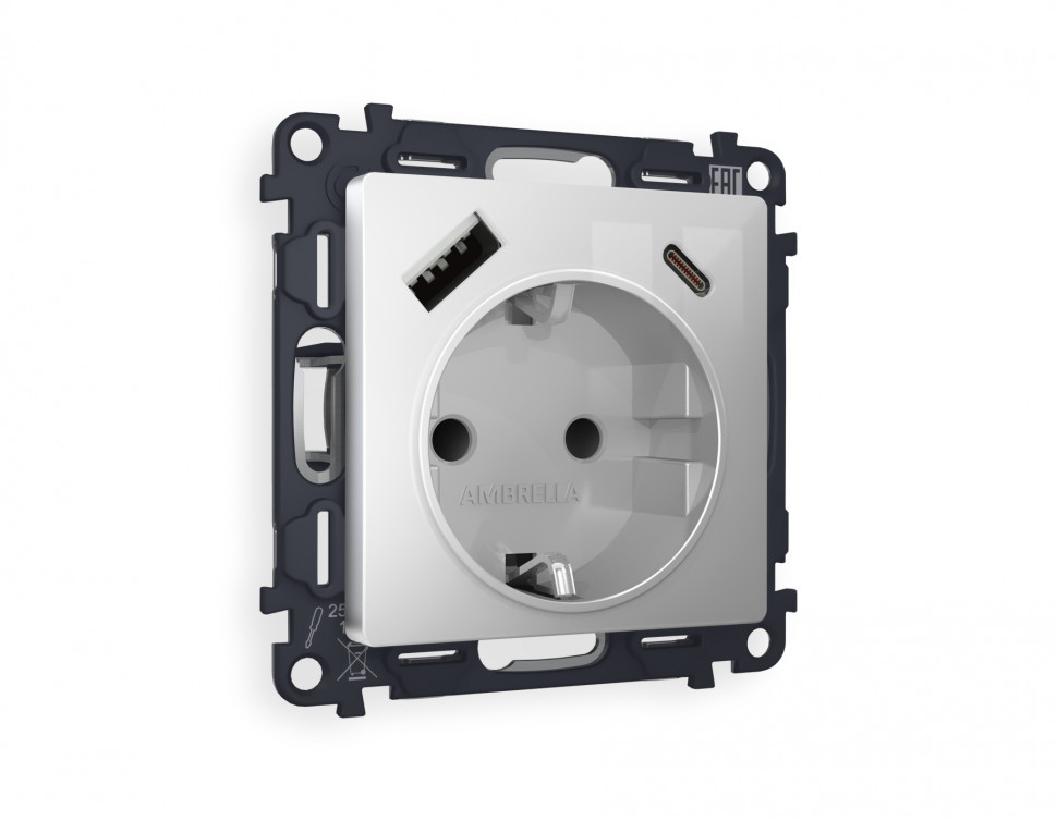 Комплект механизма электрической розетки ALFA MA410010 Серебро глянец 2USB A+C 20W быстрая зарядка с заземлением и шторками 2P+E 16A-250V QUANT
