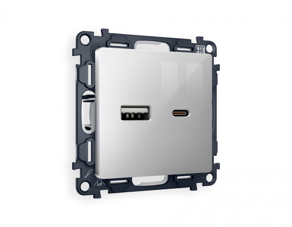 Комплект механизма розетки ALFA MA411010 Серебро глянец 2USB A+C 20W быстрая зарядка QUANT