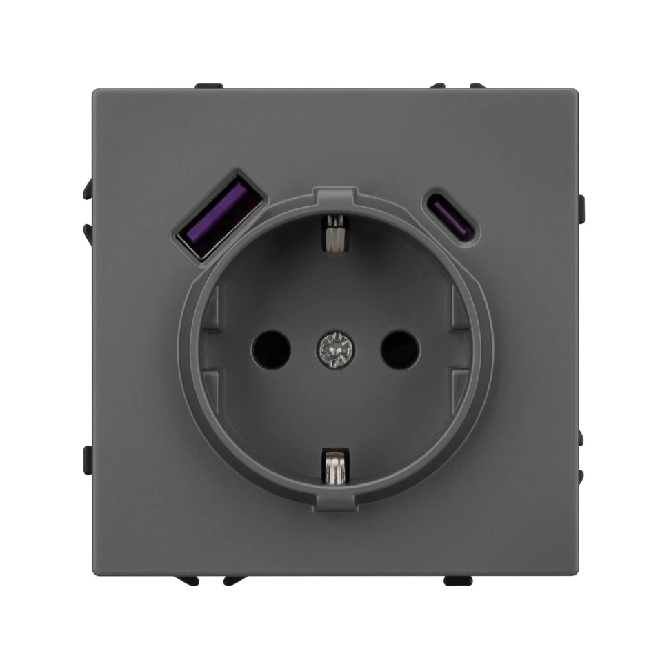 Розетка Schuko 250V 16A с USB-портом для зарядки Type A + Type C, с защитными шторками, 3,1А, 20W, IP-20,  NEO PLUS контакты винтовые 1
