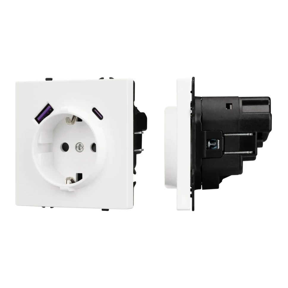 Розетка Schuko 250V 16A с USB-портом для зарядки Type A + Type C, с защитными шторками, 3,1А, 20W, IP-20, NEO PLUS контакты винтовые (белый матовый)