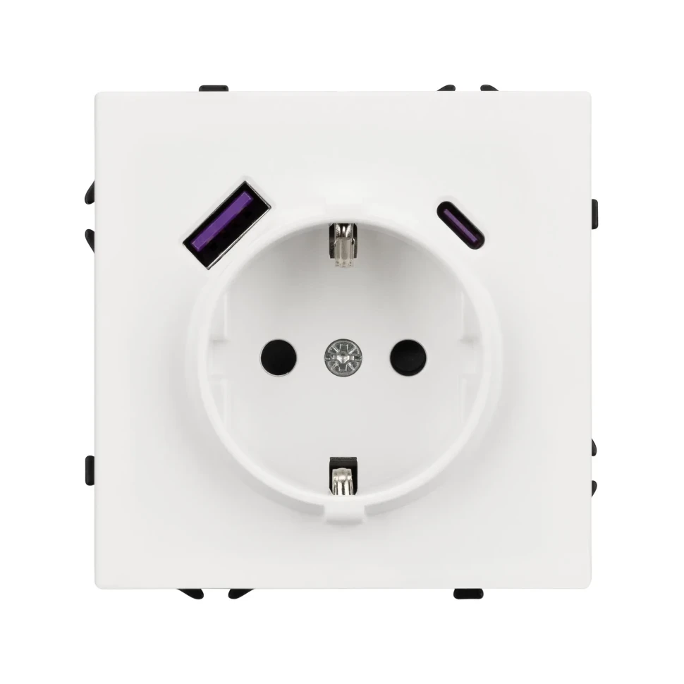 Розетка Schuko 250V 16A с USB-портом для зарядки Type A + Type C, с защитными шторками, 3,1А, 20W, IP-20, NEO PLUS контакты винтовые (белый матовый)