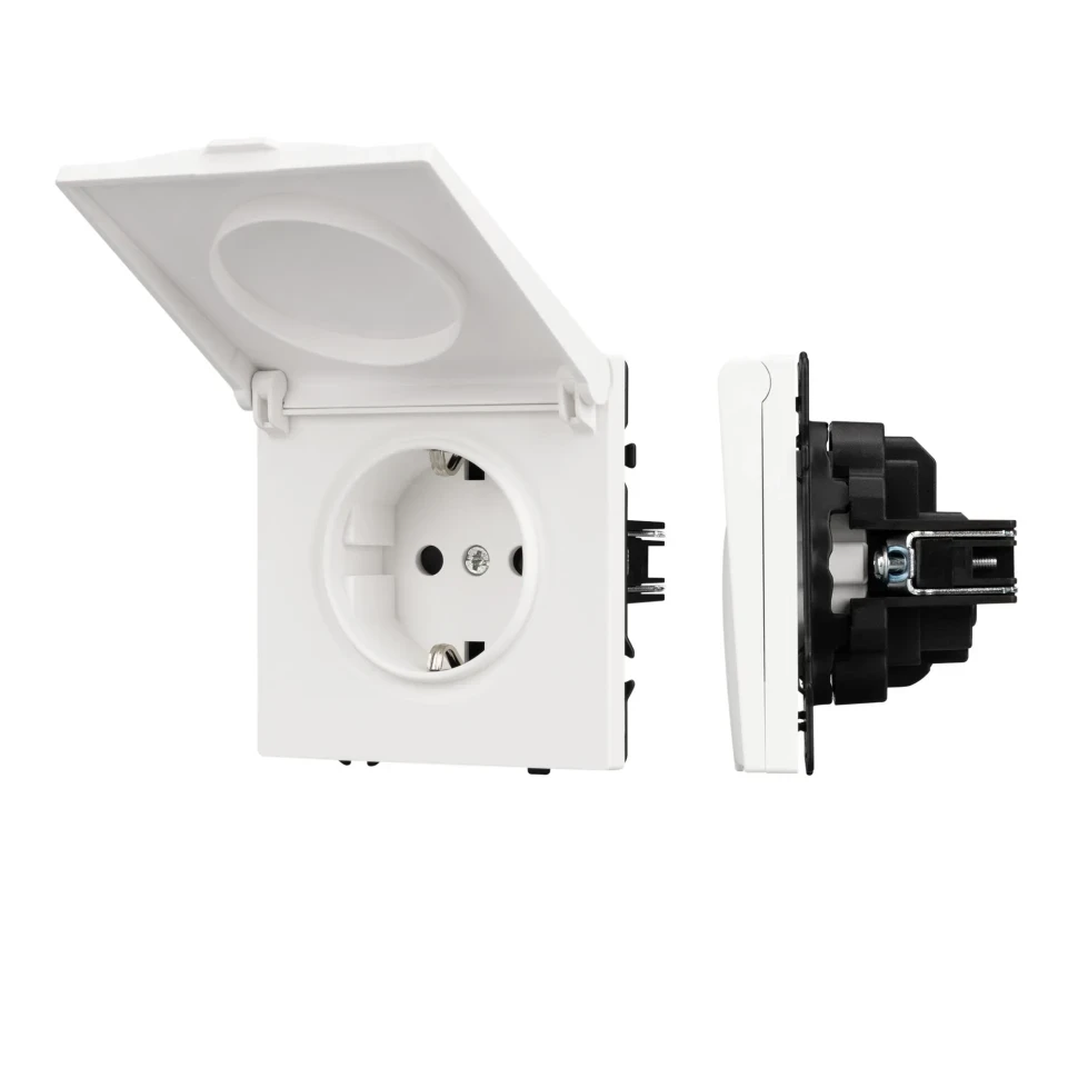 Розетка с заземлением Schuko с крышкой с защитными шторками, 250В, 16А, IP-44, NEO PLUS винтовые контакты (белый матовый) Розетка с заземлением Schuko с крышкой с защитными шторками, 250В, 16А, IP-44, NEO PLUS винтовые контакты (белый матовый)